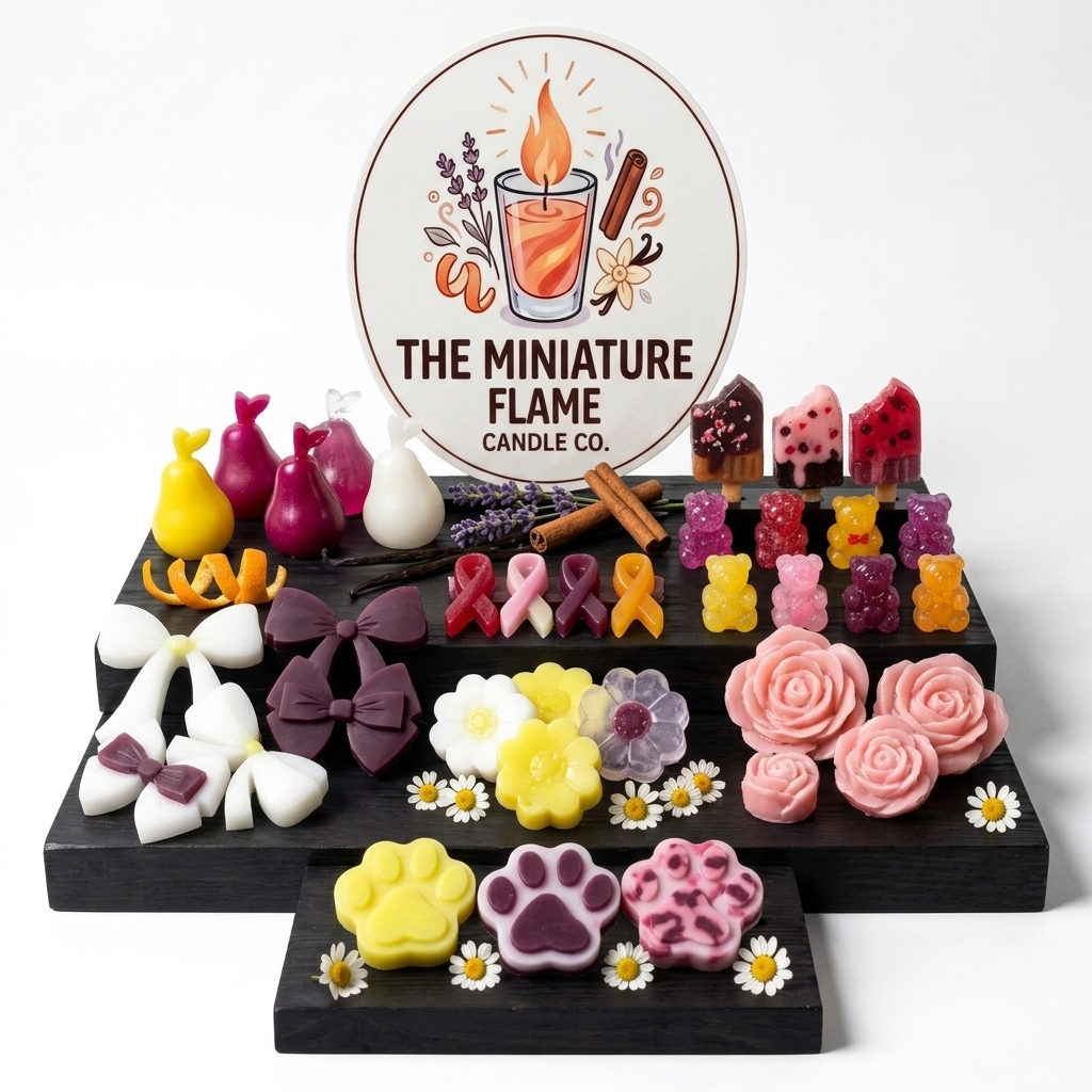 A variety of scented wax melts in different shapes and colors arranged in a collection.
